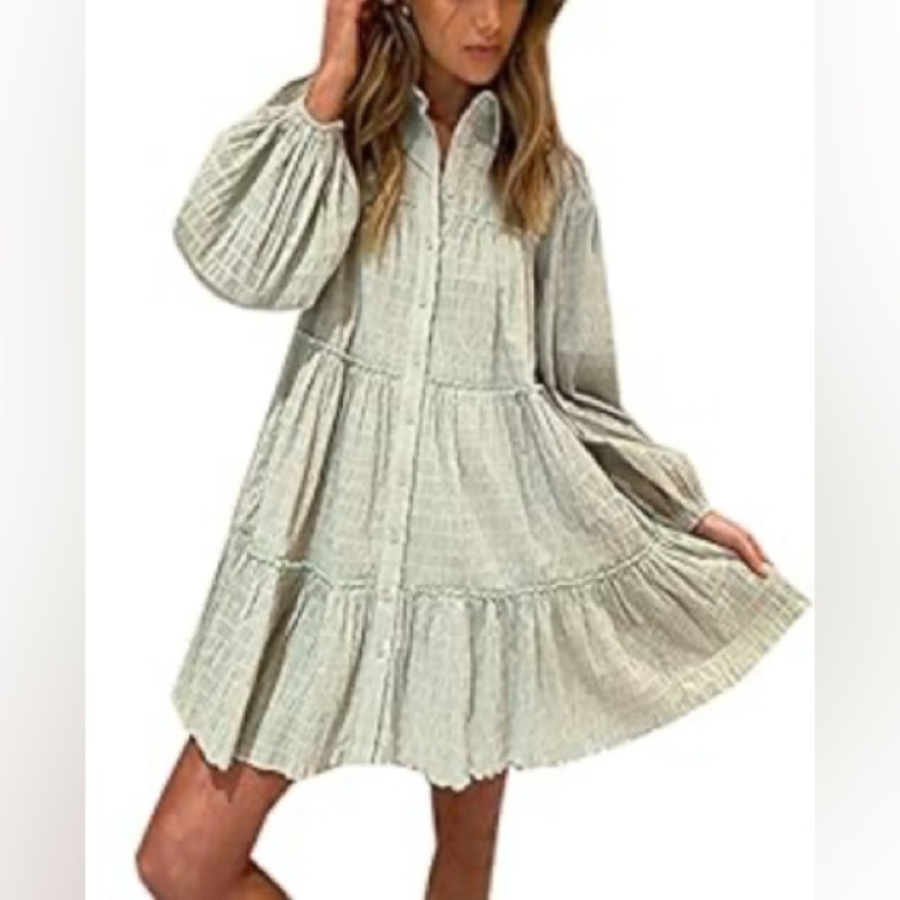 Women's Casual Long Sleeve Dress with collar (sage color)